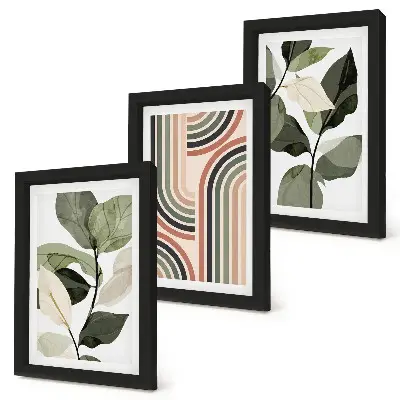 3-piece wall art set featuring plant motifs and geometric patterns in shades of green