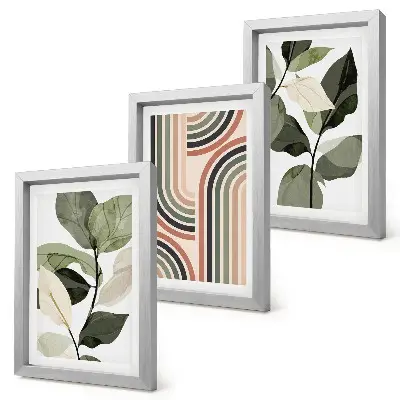 3-piece wall art set featuring plant motifs and geometric patterns in shades of green