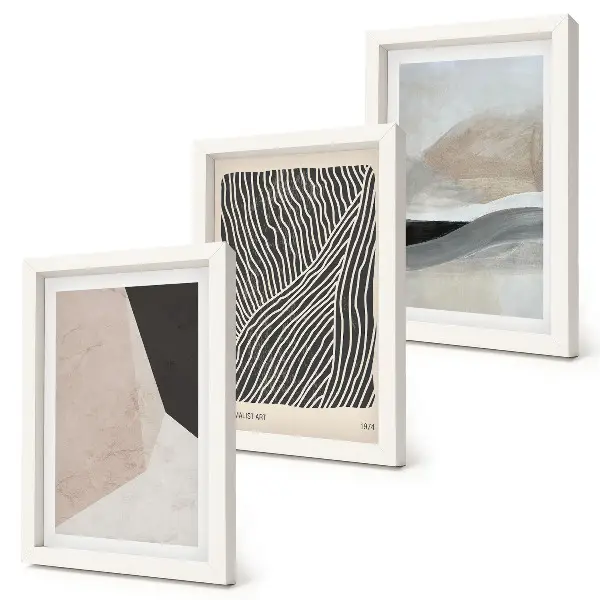 Photo frame wall set with abstract patterns in shades of beige and gray