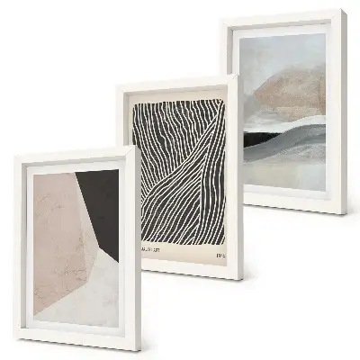 Photo frame wall set with abstract patterns in shades of beige and gray