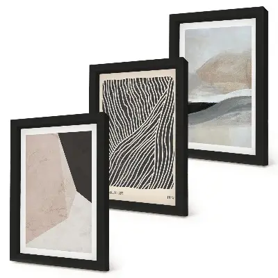 Photo frame wall set with abstract patterns in shades of beige and gray