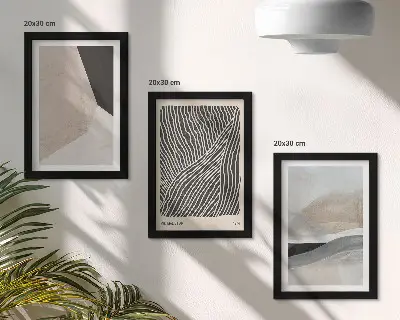 Photo frame wall set with abstract patterns in shades of beige and gray