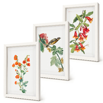 Framed triptych Painted retro flowers and a bird on a branch