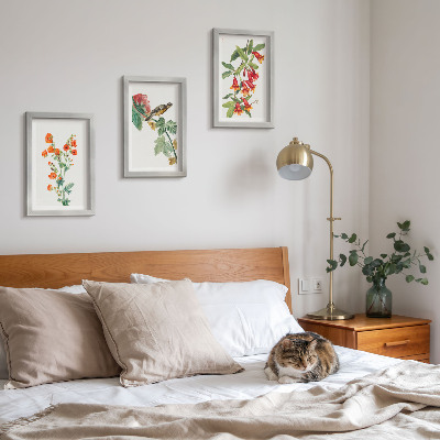 Framed triptych Painted retro flowers and a bird on a branch