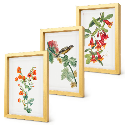 Framed triptych Painted retro flowers and a bird on a branch