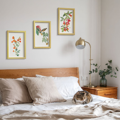 Framed triptych Painted retro flowers and a bird on a branch