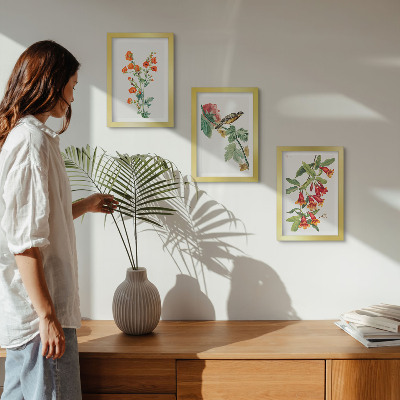 Framed triptych Painted retro flowers and a bird on a branch