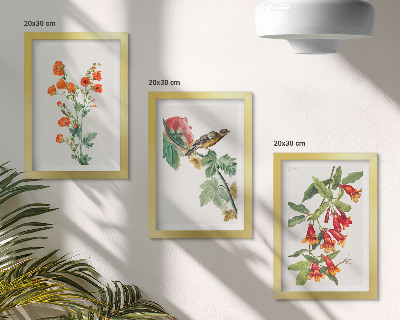 Framed triptych Painted retro flowers and a bird on a branch
