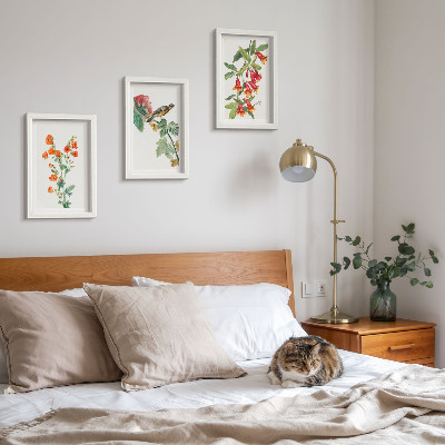 Framed triptych Painted retro flowers and a bird on a branch