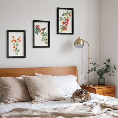 Framed triptych Painted retro flowers and a bird on a branch