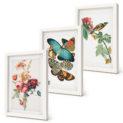 Framed triptych Flowers, butterflies and a bird in pastel shades