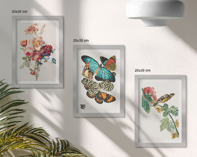 Framed triptych Flowers, butterflies and a bird in pastel shades