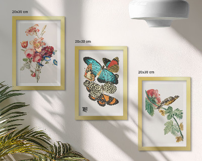 Framed triptych Flowers, butterflies and a bird in pastel shades