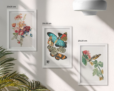 Framed triptych Flowers, butterflies and a bird in pastel shades