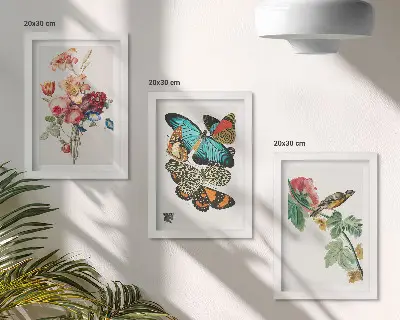 Flowers, butterflies and a bird triptych framed artwork in pastel shades