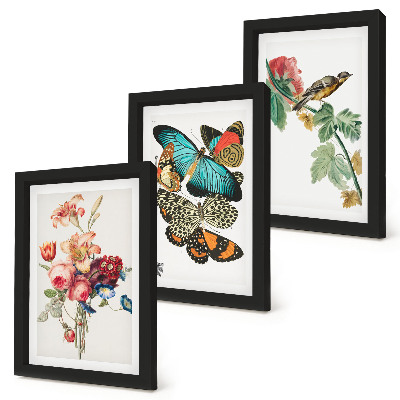 Framed triptych Flowers, butterflies and a bird in pastel shades