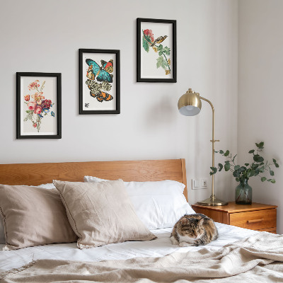 Framed triptych Flowers, butterflies and a bird in pastel shades