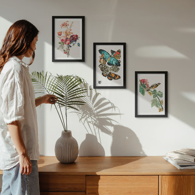 Framed triptych Flowers, butterflies and a bird in pastel shades