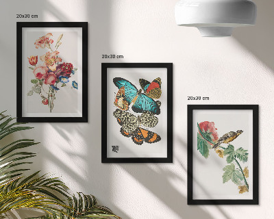 Framed triptych Flowers, butterflies and a bird in pastel shades