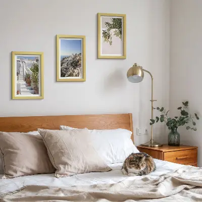 Photo frame wall white stairs in Santorini with a town view