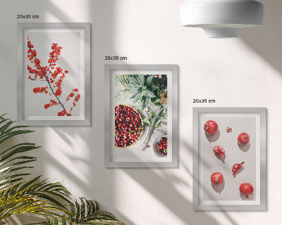 Framed triptych Red fruits and plants in a minimalist style