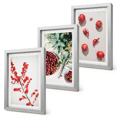 Framed triptych Red fruits and plants in a minimalist style