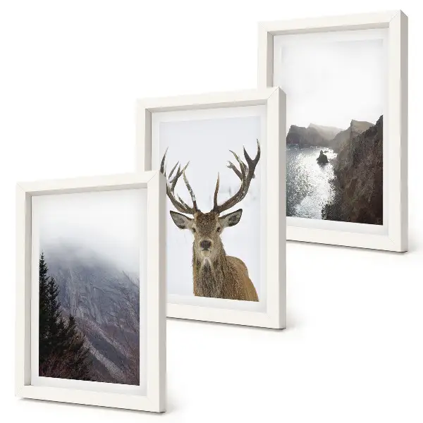 3-Piece Mountain Landscape Wall Art Set featuring a foggy lake with deer