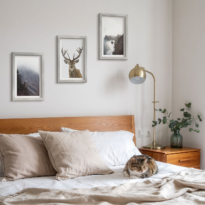 3-piece wall art set Mountain landscape with fog, water and deer