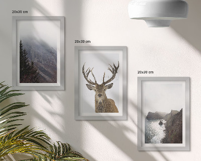 3-piece wall art set Mountain landscape with fog, water and deer