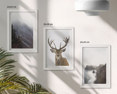 3-piece wall art set Mountain landscape with fog, water and deer