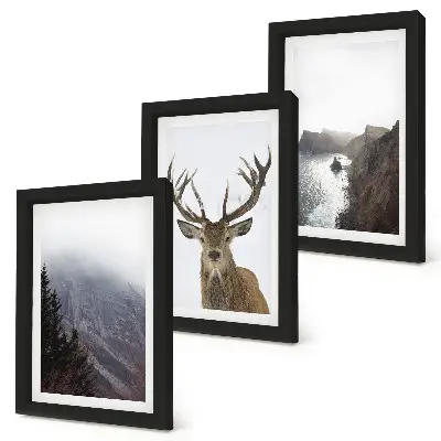 3-Piece Mountain Landscape Wall Art Set featuring a foggy lake with deer