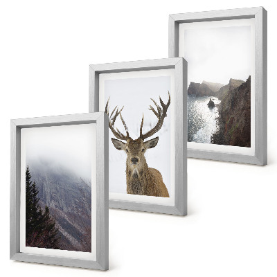 3-piece wall art set Mountain landscape with fog, water and deer
