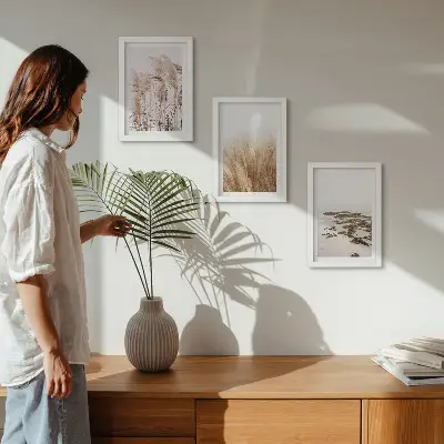 Photo frame wall set with pampas grass fields and a boho beach theme