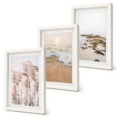 Framed triptych Beach grass waves and seaside stones boho