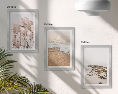 Framed triptych Beach grass waves and seaside stones boho