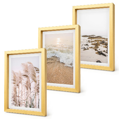 Framed triptych Beach grass waves and seaside stones boho