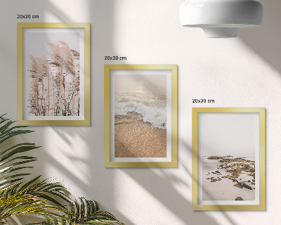 Framed triptych Beach grass waves and seaside stones boho