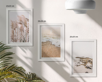 Framed triptych Beach grass waves and seaside stones boho