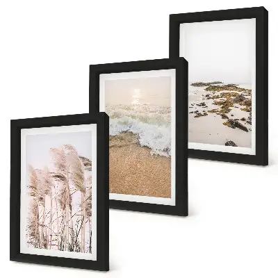 Beach grass waves and seaside stones triptych boho framed wall art set