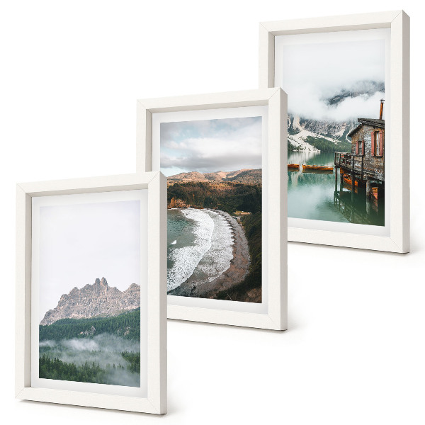 3-piece wall art set Mountain landscapes with a beach and a wooden house