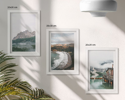 3-piece wall art set Mountain landscapes with a beach and a wooden house