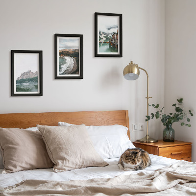 3-piece wall art set Mountain landscapes with a beach and a wooden house