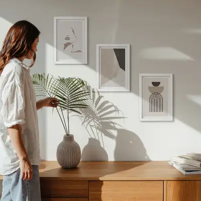 Abstract geometric shapes and a woman's face framed triptych