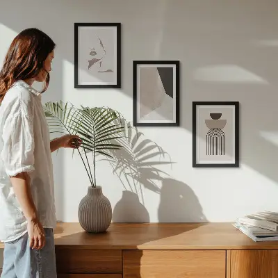 Framed triptych Abstract geometric shapes and a woman's face