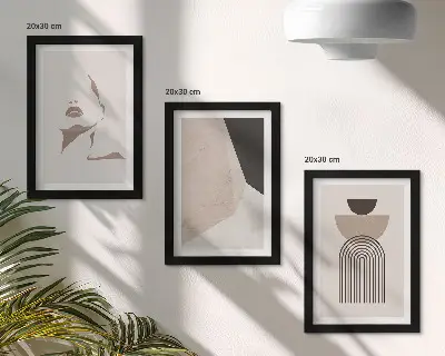 Abstract geometric shapes and a woman's face framed triptych