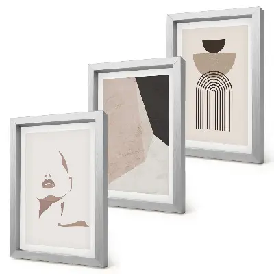 Abstract geometric shapes and a woman's face framed triptych