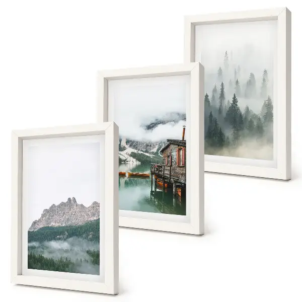 3-piece wall art set featuring mountains, a lake, and a cottage in a foggy forest