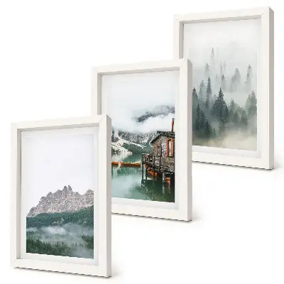 3-piece wall art set featuring mountains, a lake, and a cottage in a foggy forest