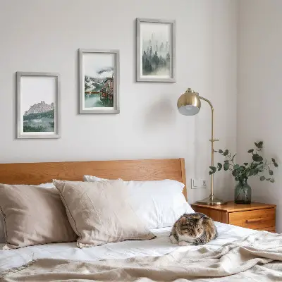 3-piece wall art set featuring mountains, a lake, and a cottage in a foggy forest