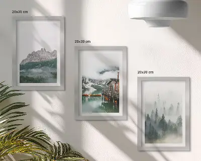 3-piece wall art set featuring mountains, a lake, and a cottage in a foggy forest
